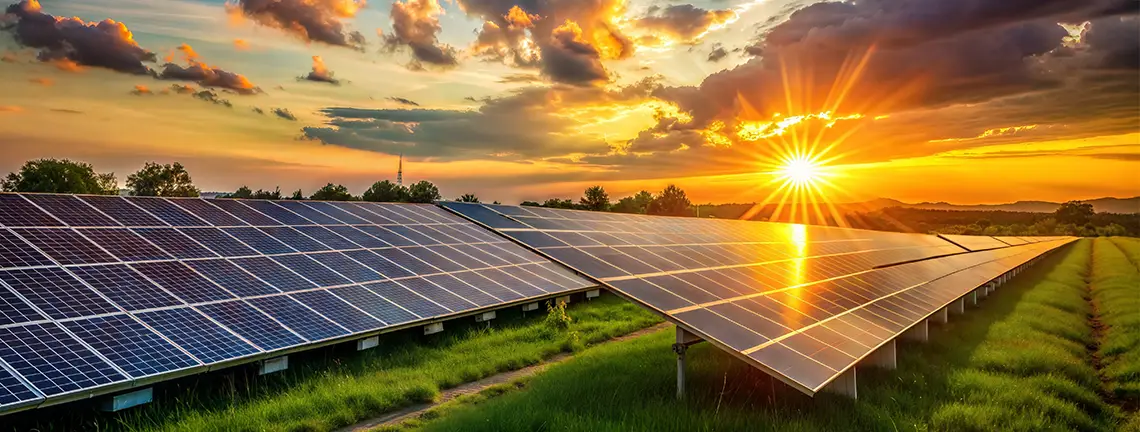 Infraestructura de paneles solares en un campo bajo el amanecer, reflejando la inversión en energías renovables.