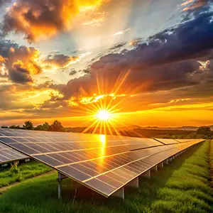 Paneles solares en un campo con un amanecer brillante, representando la transformación ecológica en Extremadura.