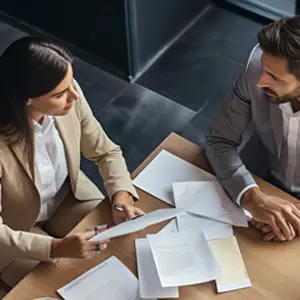 Reunión entre profesionales revisando documentos sobre cumplimiento normativo y protección del informante.